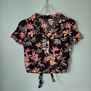 H&M DIVIDED - Floral Short Sleeve Tie Front Crop Top - US 0 / CA 0